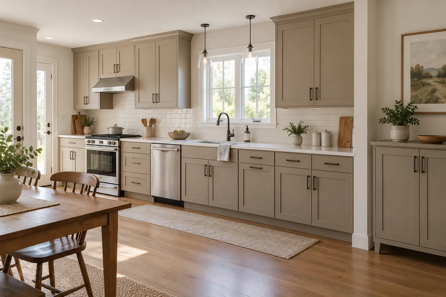 Warm taupe kitchen cabinets with a pale central island and pendant lights